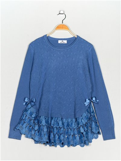 Textured sweater with lace azul