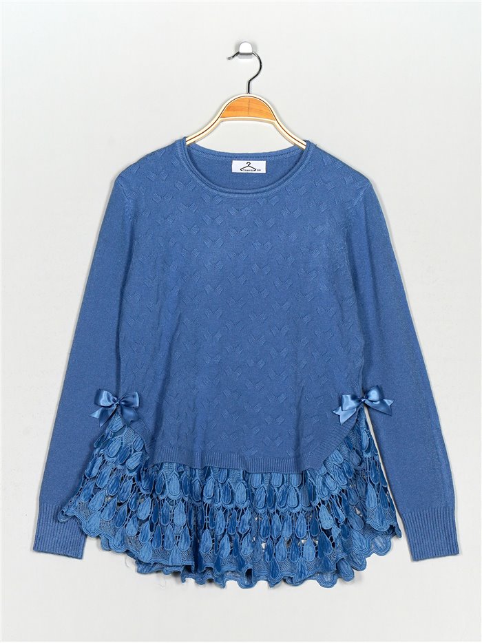 Textured sweater with lace azul