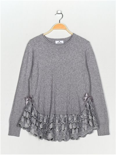 Textured sweater with lace gris