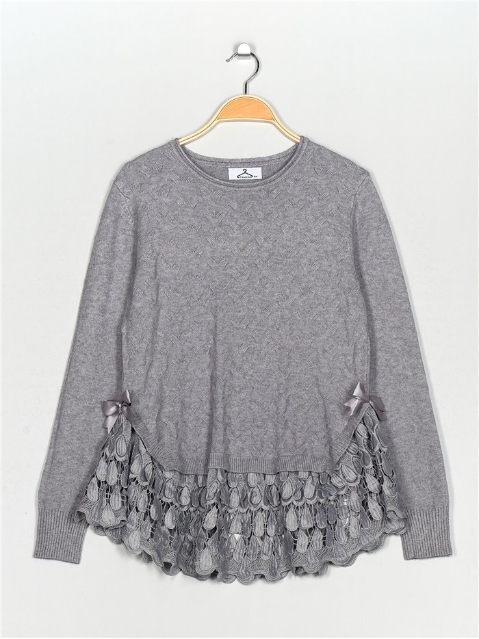 Textured sweater with lace gris