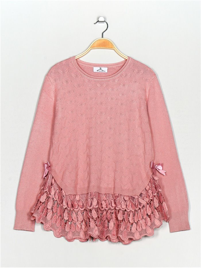 Textured sweater with lace rosa