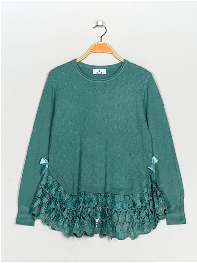 Textured sweater with lace verde-agua