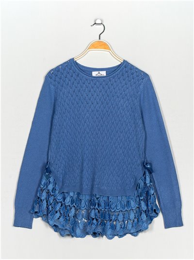 Textured sweater with lace azul