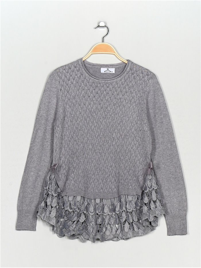 Textured sweater with lace gris