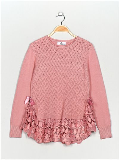 Textured sweater with lace rosa