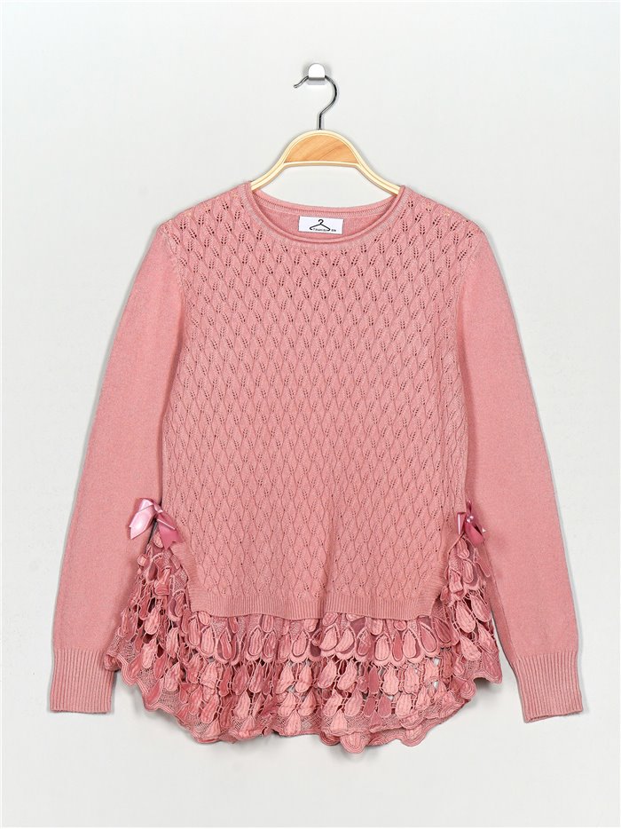 Textured sweater with lace rosa