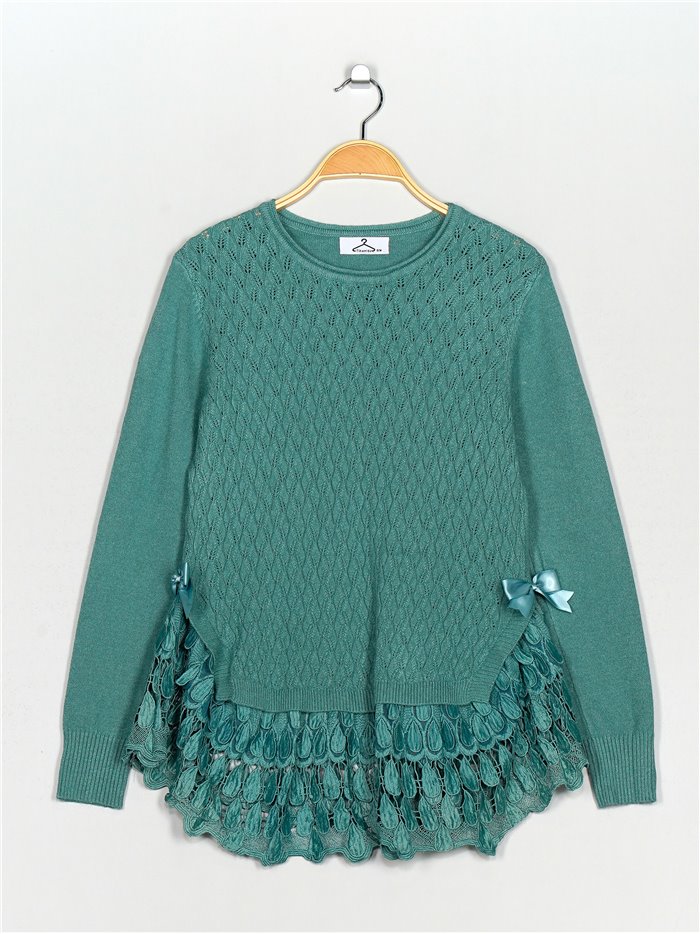 Textured sweater with lace verde-agua