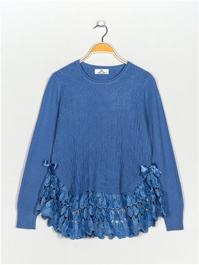 Textured sweater with lace azul