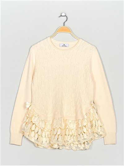 Textured sweater with lace beis