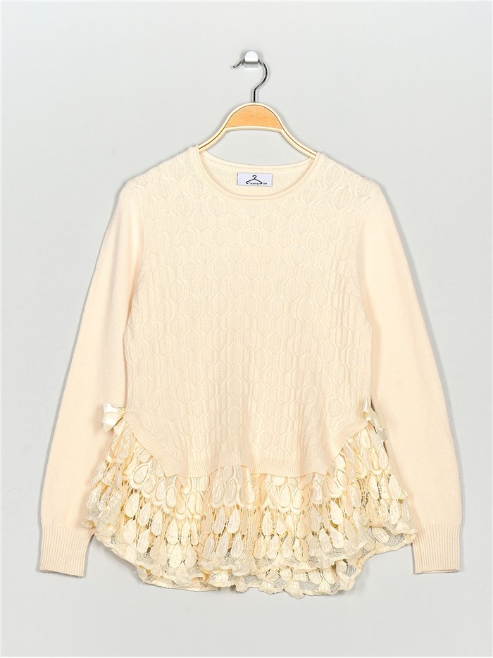 Textured sweater with lace beis