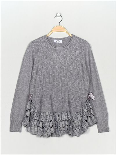 Textured sweater with lace gris