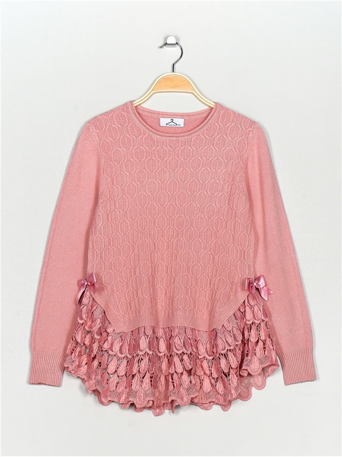 Textured sweater with lace rosa