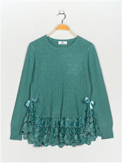 Textured sweater with lace verde-agua