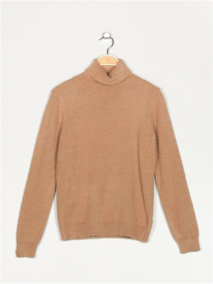 Roll neck soft faux fur sweater camel