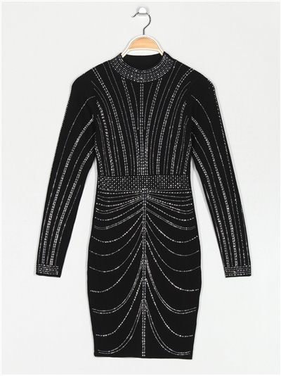 Knit dress with rhinestone negro-plata