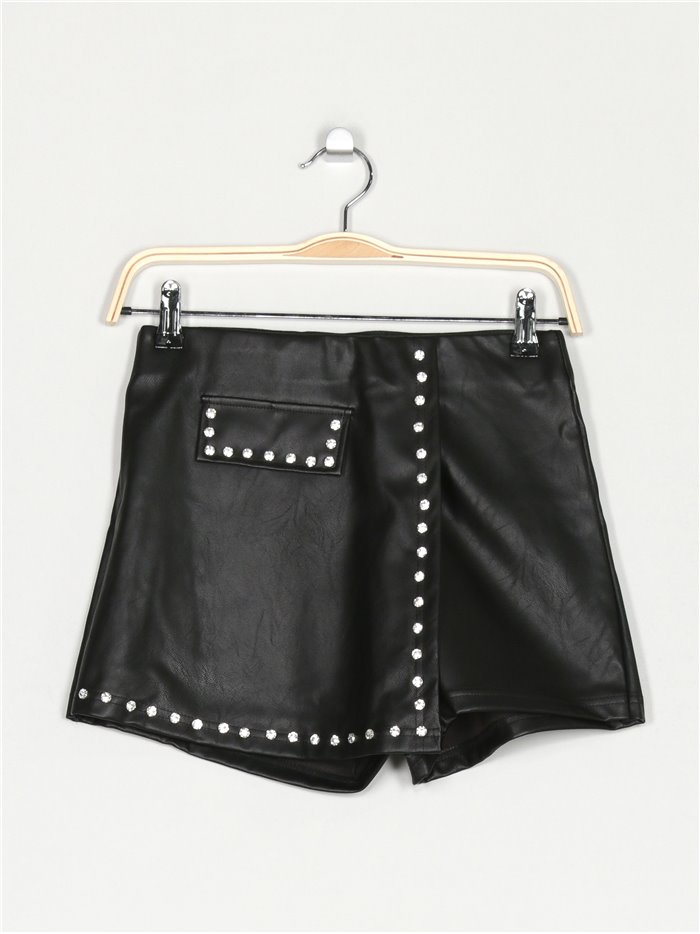 Faux leather shorts skirt with rhinestone negro