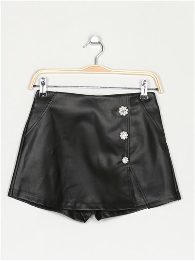 Short falda efecto piel botones perlas negro