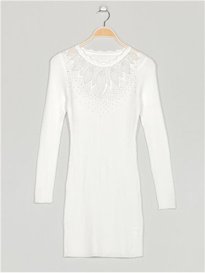 Soft knit dress with rhinestone blanco