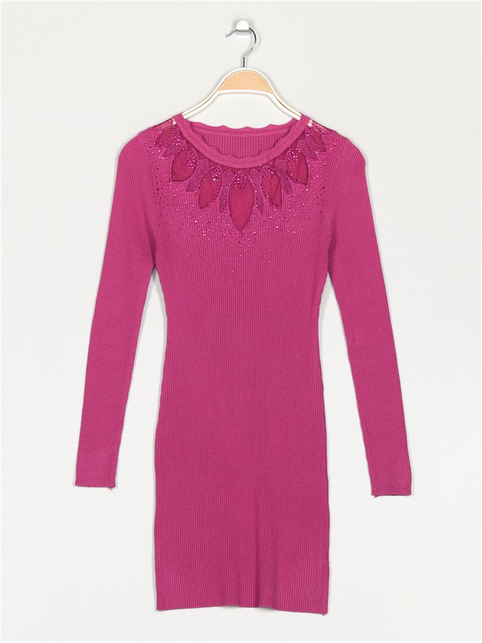 Soft knit dress with rhinestone buganvilla