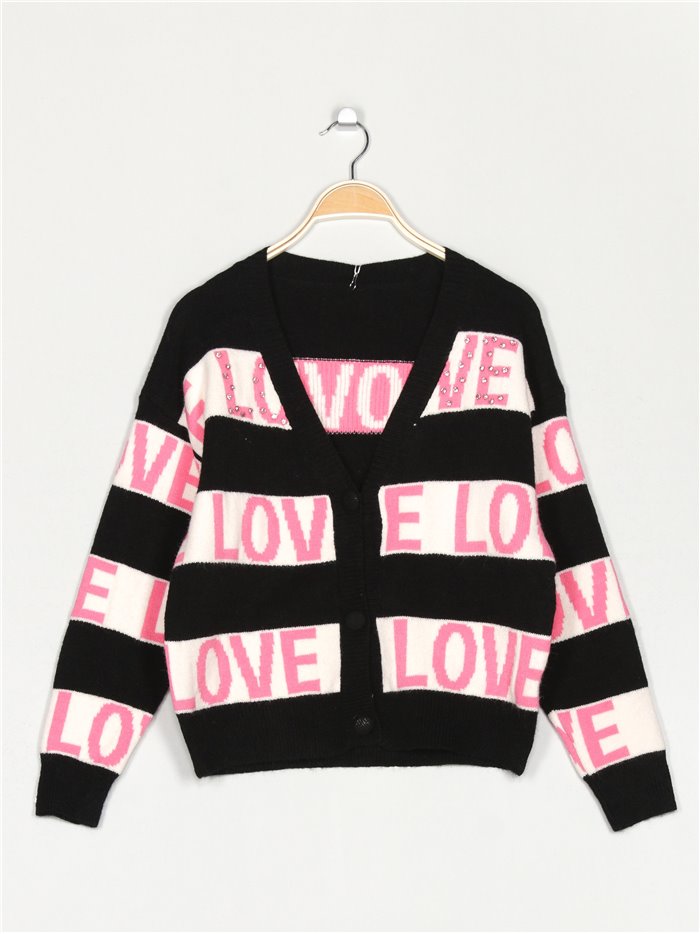 Love knit cardigan with rhinestone negro