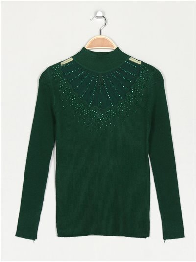 Soft sweater with rhinestone verde-botella