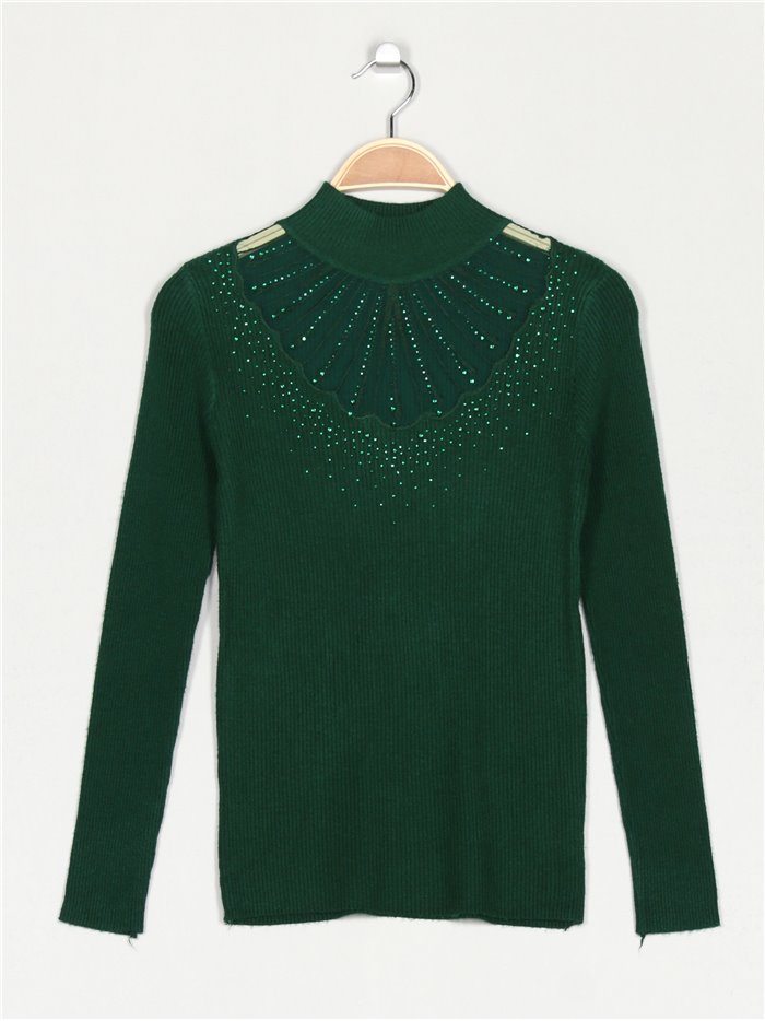 Jersey soft tul strass verde-botella