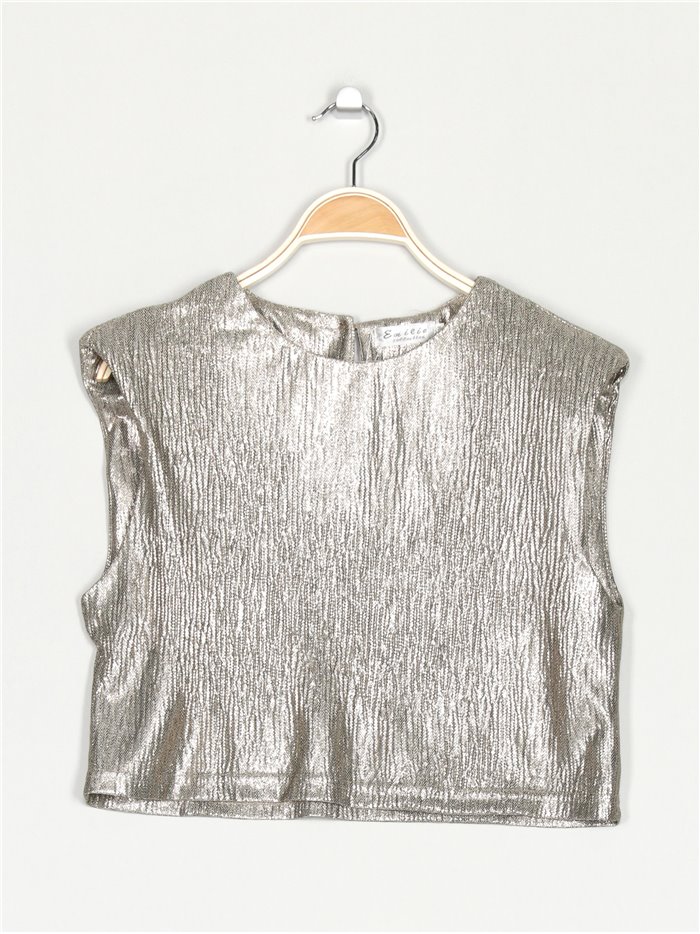 Metallic thread top with shoulder pads taupe