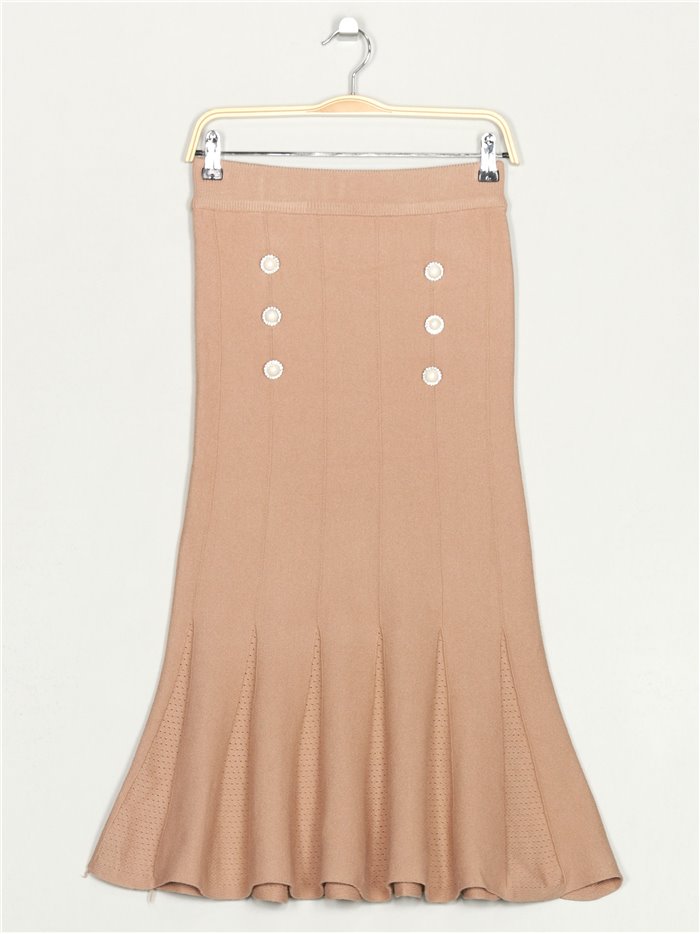 Premium knit skirt with rhinestone buttons camel