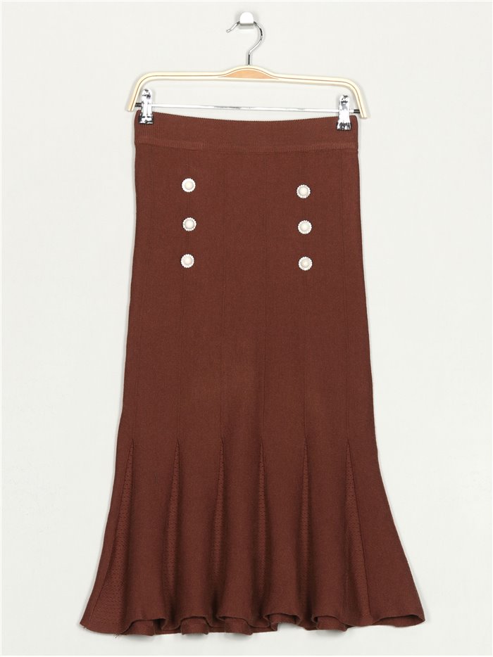 Premium knit skirt with rhinestone buttons coffee