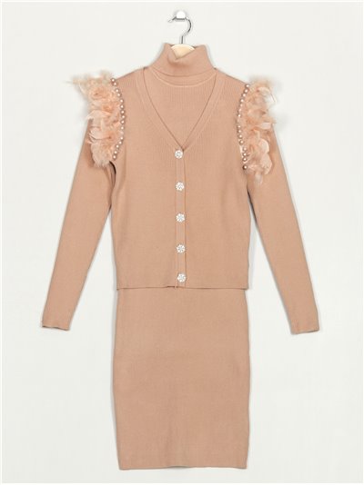 Knit cardigan with feathers + Roll neck dress camel