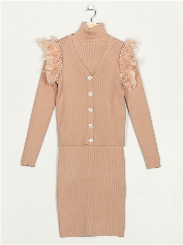 Knit cardigan with feathers + Roll neck dress camel