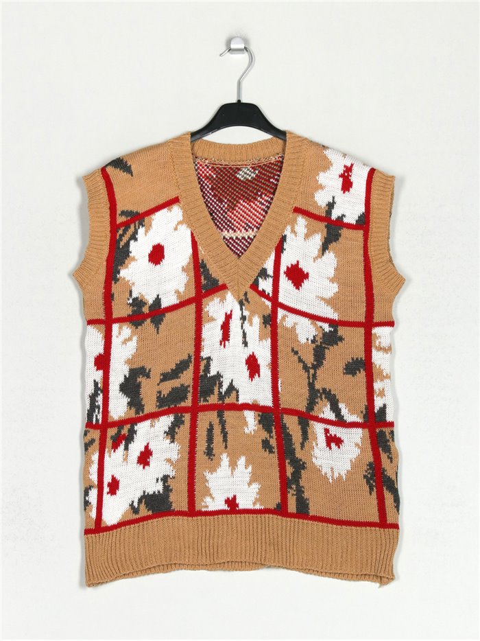 Floral knit waistcoat camel