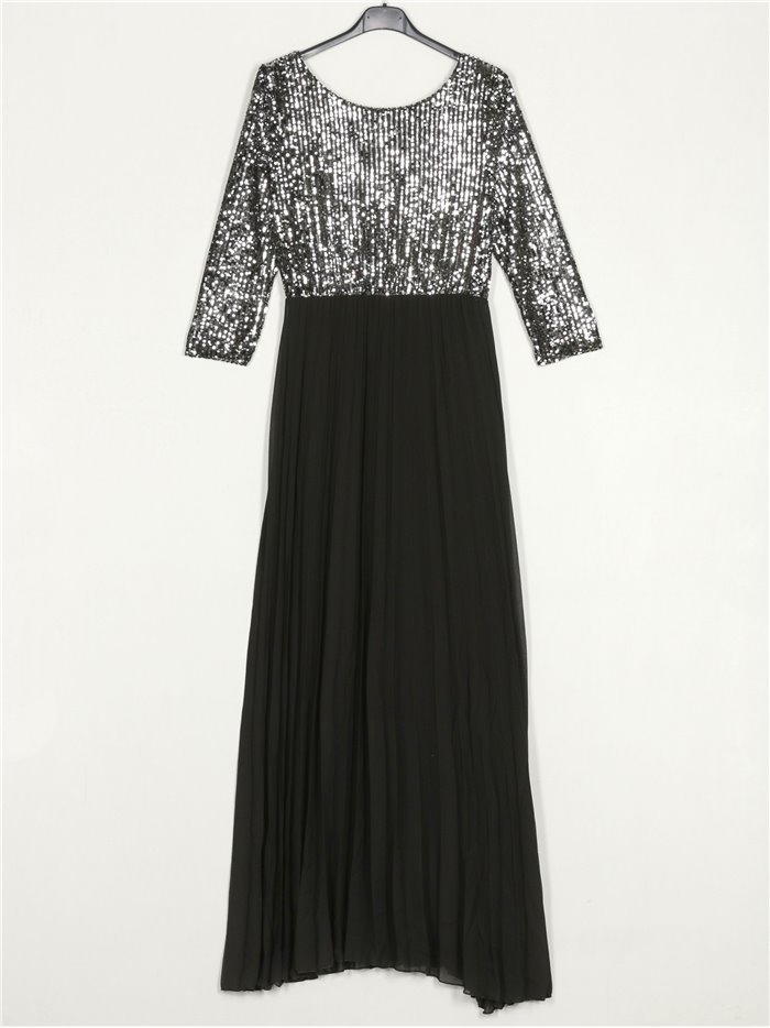 Maxi pleated dress with sequins plata