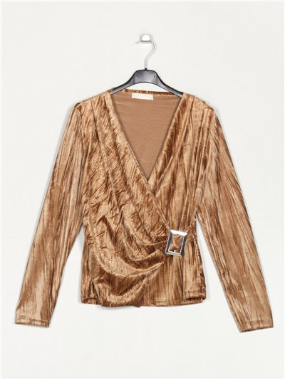 Blusa terciopelo frunces hebilla camel