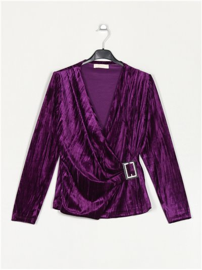 Blusa terciopelo frunces hebilla morado