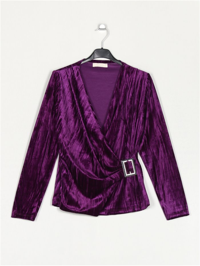 Blusa terciopelo frunces hebilla morado