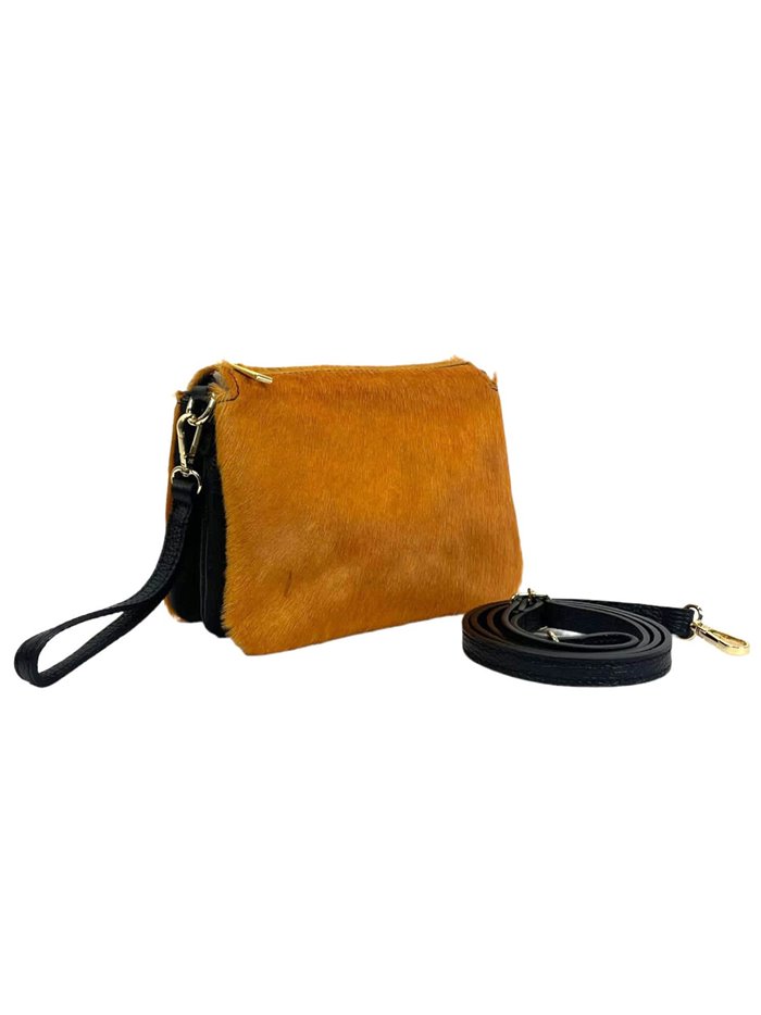 Faux fur leather crossbody bag marron