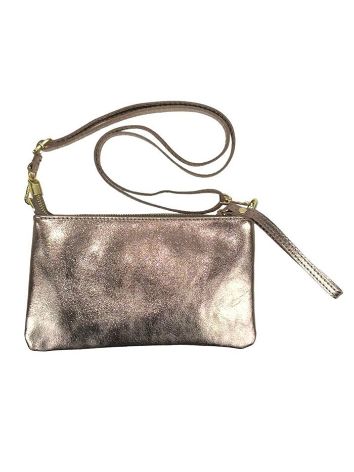 Metallic leather clutch bronce