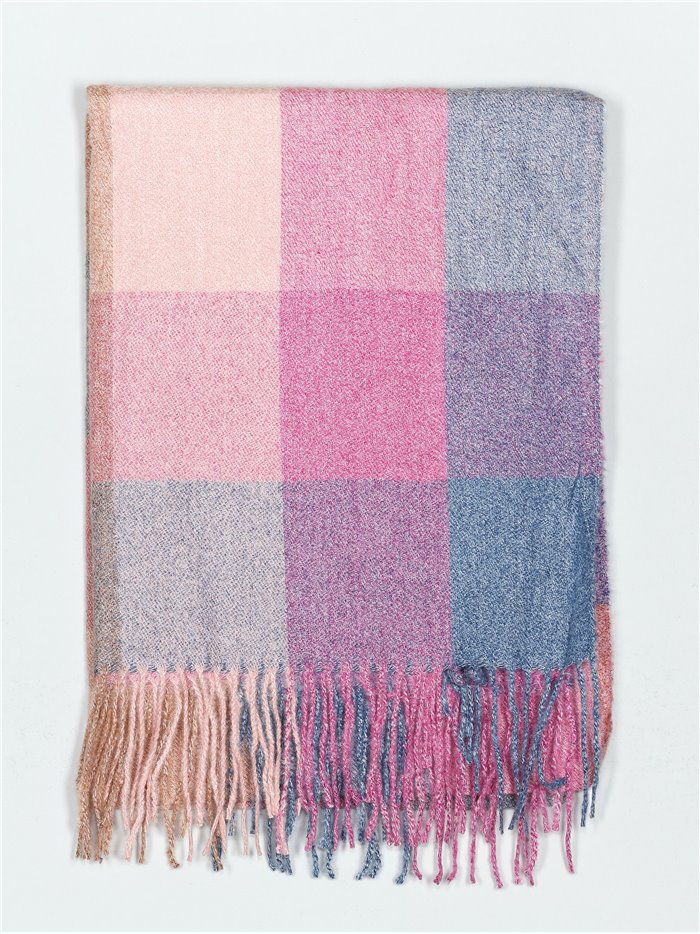 Check scarf with fringing fucsia