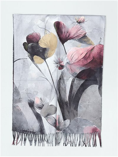 Printed scarf with fringing gris