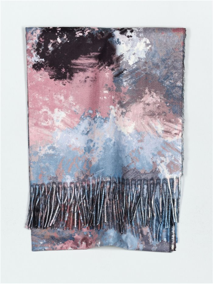 Printed scarf with fringing gris