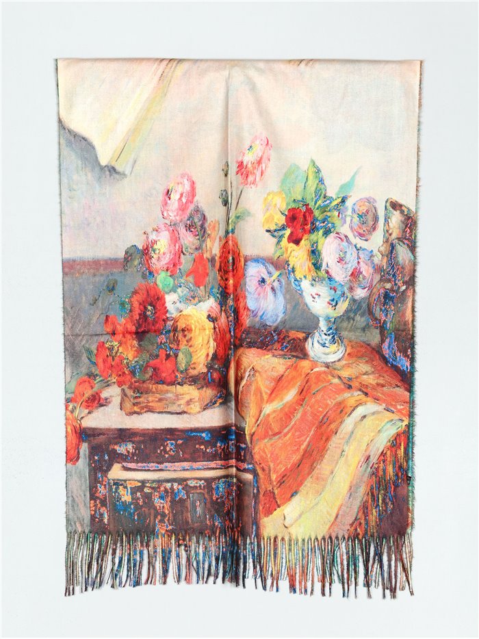 Printed scarf with fringing