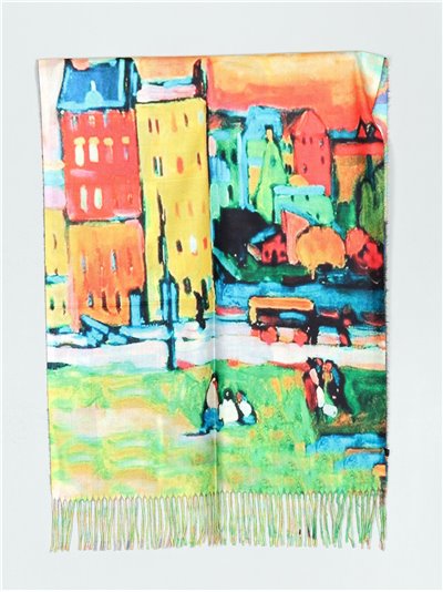 Printed scarf with fringing