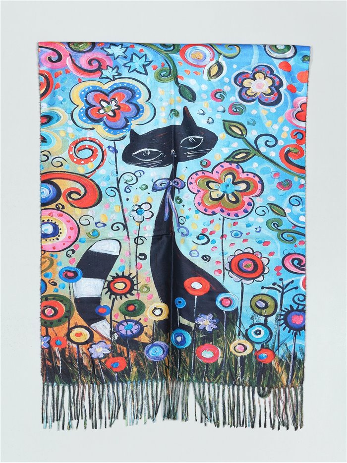 Printed scarf with fringing