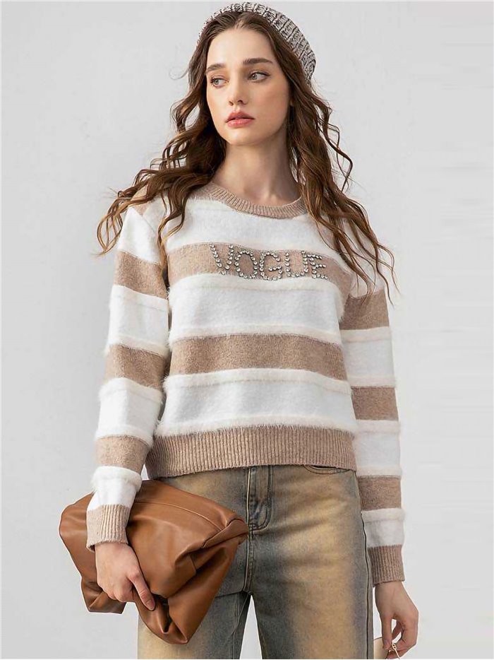 Striped VOGUE sweater camel-blanco