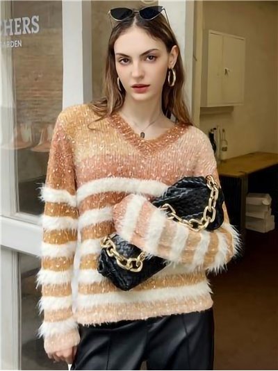 Faux fur striped sweater