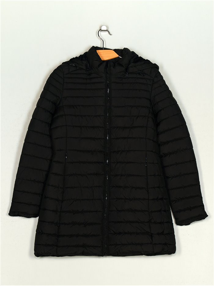 Hooded anorak with ruffle trims black (M-XXL)