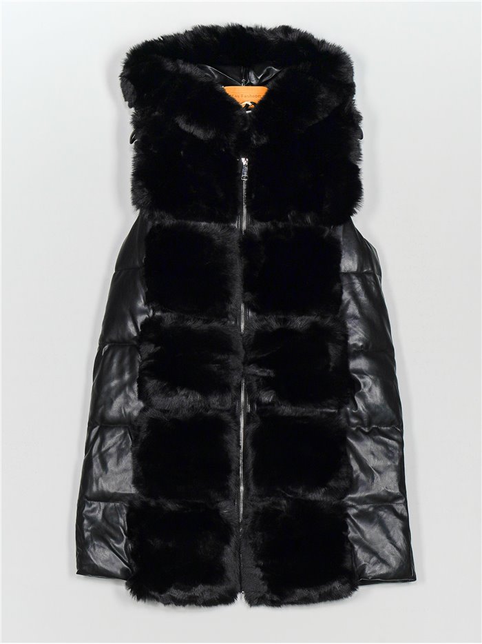 Faux leather faux fur waistcoat with hood black (M-XXL)