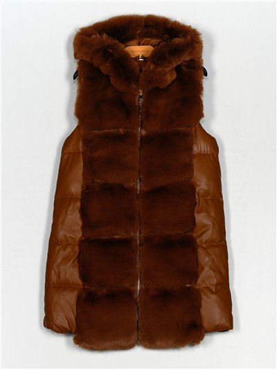 Faux leather faux fur waistcoat with hood camel (M-XXL)