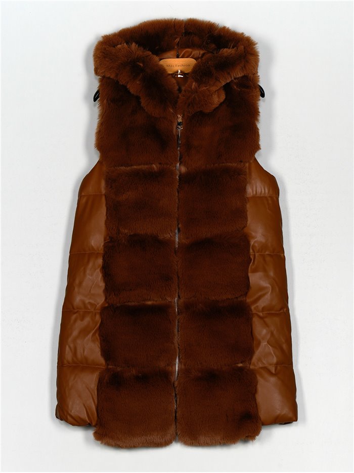 Faux leather faux fur waistcoat with hood camel (M-XXL)